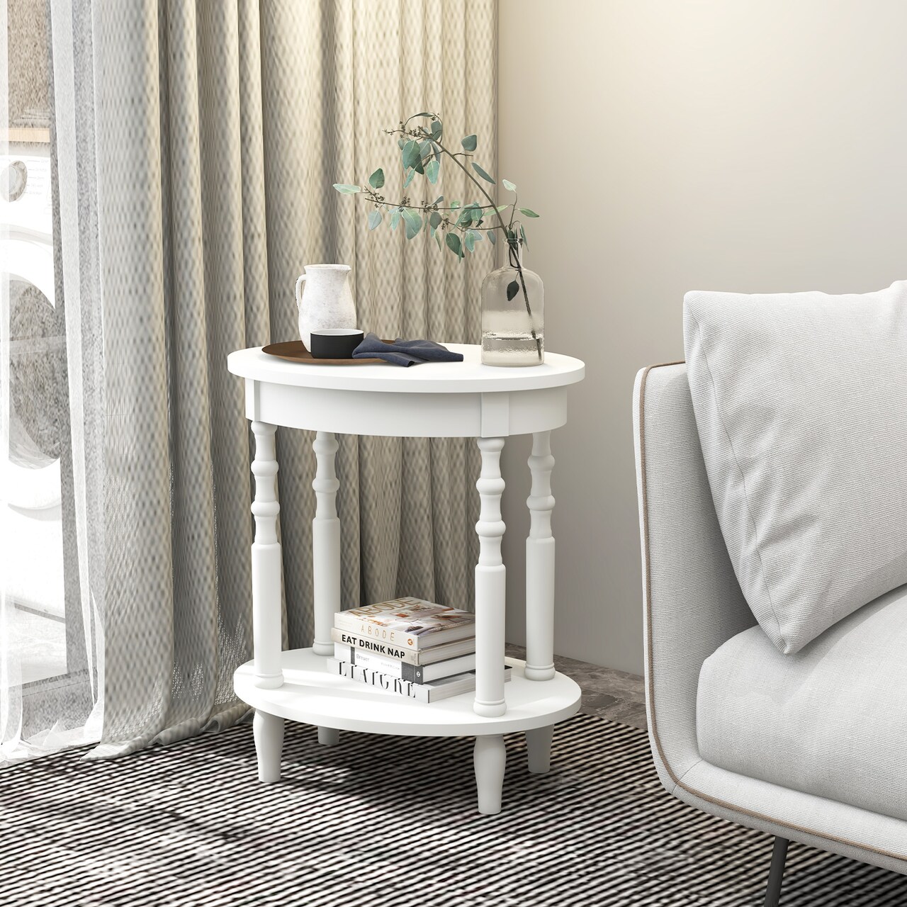 2-tier Oval Side Table With Storage Shelf And Solid Wood Legs